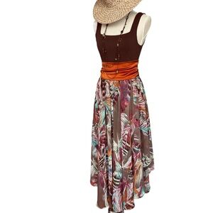 Tasha Polizzi Brown Feather Print Asymetrical Festival Midi Skirt Size Medium